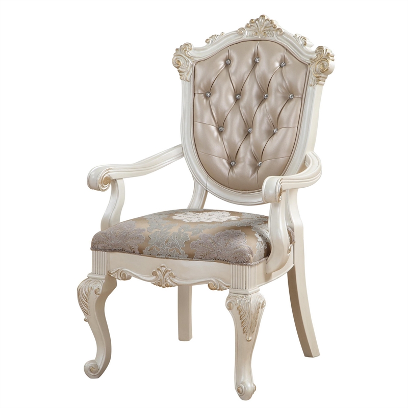 Pemberly Row Carved Arm Chair Set of 2 with Tufted Back in White & Gold