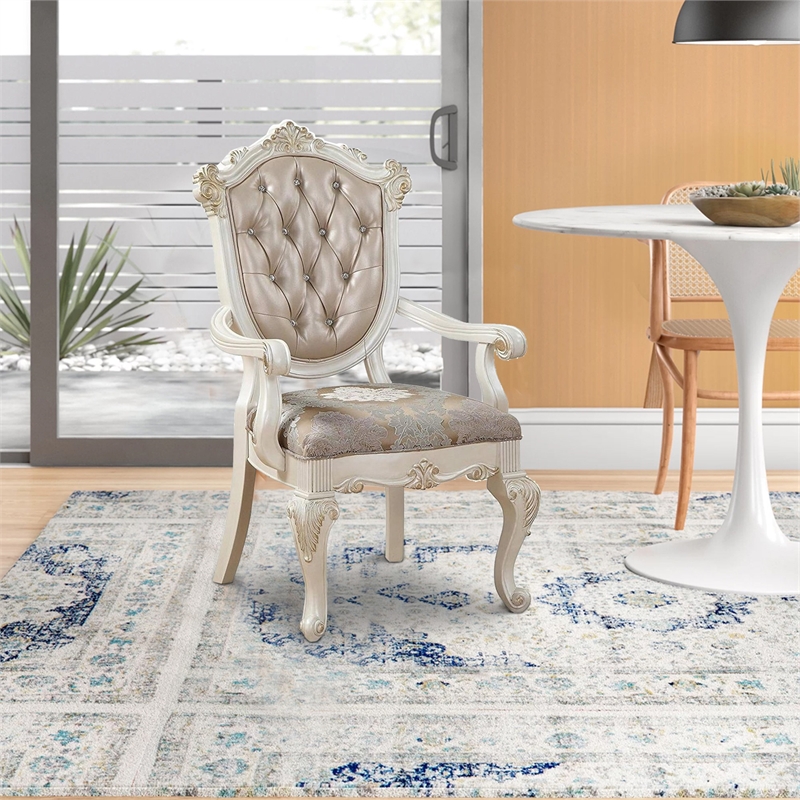 Pemberly Row Carved Arm Chair Set of 2 with Tufted Back in White & Gold