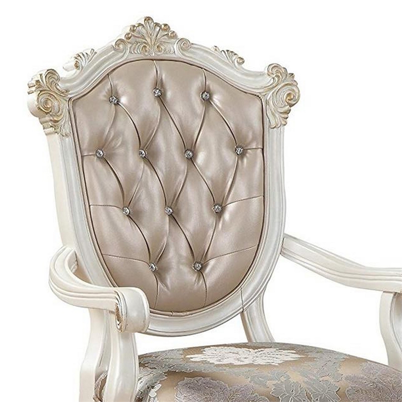 Pemberly Row Carved Arm Chair Set of 2 with Tufted Back in White & Gold