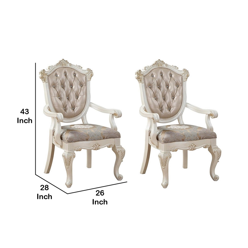 Pemberly Row Carved Arm Chair Set of 2 with Tufted Back in White & Gold