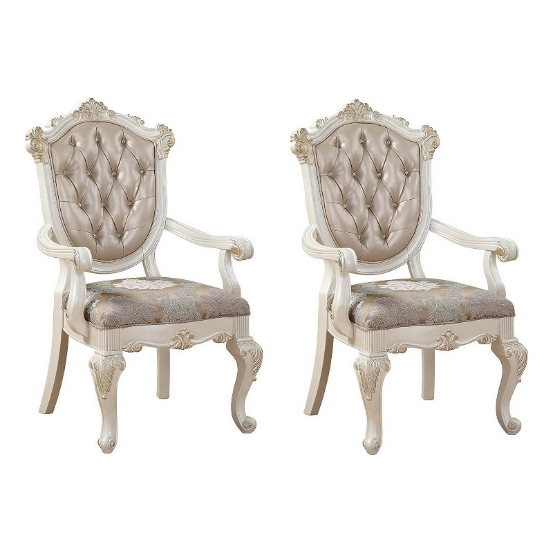 Pemberly Row Carved Arm Chair Set of 2 with Tufted Back in White & Gold