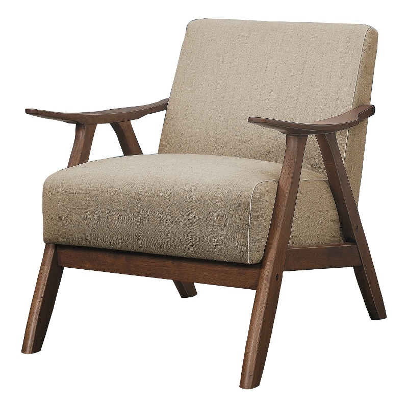 Pemberly Row Retro Accent Chair with Curved Wood Armrests in Light Brown
