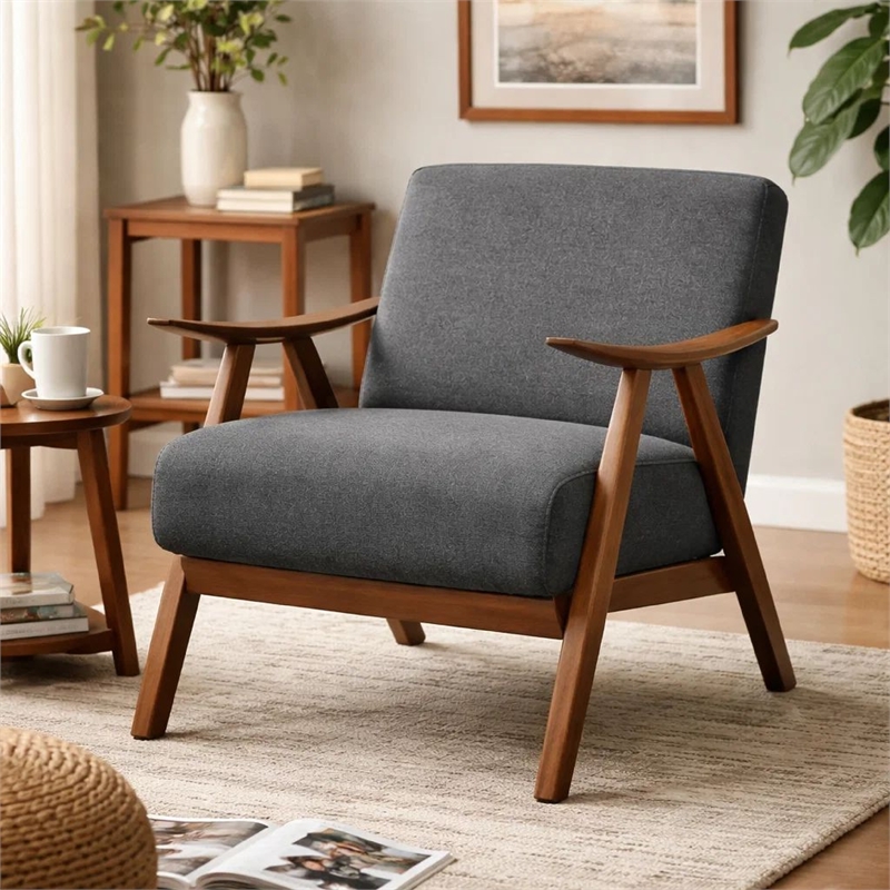Pemberly Row Retro Accent Chair with Curved Wood Armrests in Gray