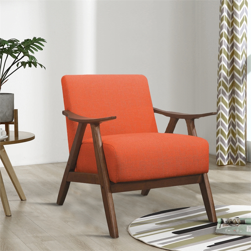 Pemberly Row Retro Accent Chair with Curved Wood Armrests in Orange