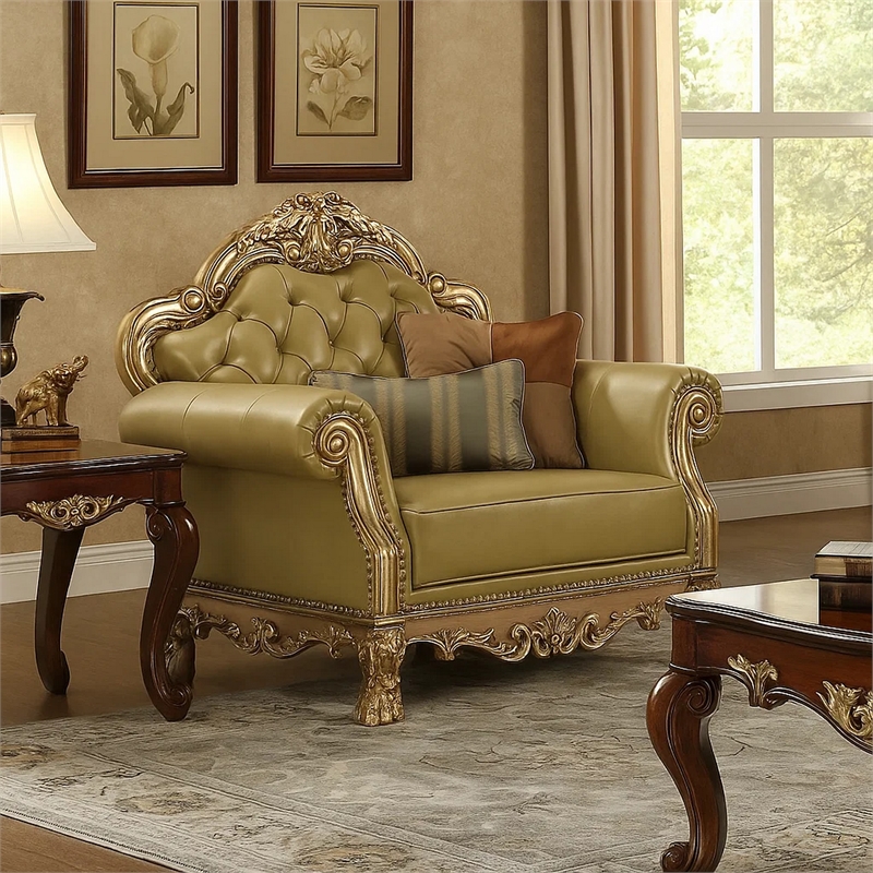 Pemberly Row Button Tufted Leatherette Chair with Carved Details in Gold