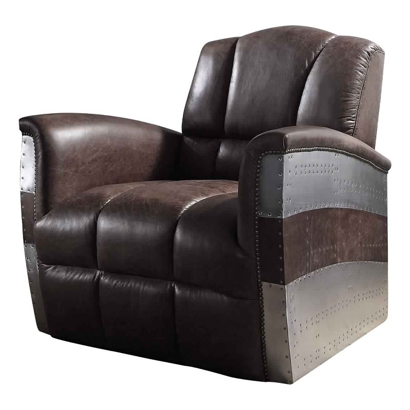 Pemberly Row Tufted Leather Lounge Chair w/ Aluminum Patchwork in Brown & Silver