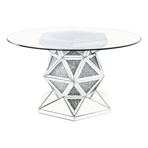 Pemberly Row Round Glass Top Dining Table with Faux Crystals Inlay in Silver