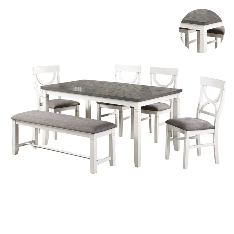 Pemberly Row 6 Pc Farmhouse Dining Set with Cut Out Back Chairs in White & Gray