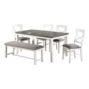 Pemberly Row 6 Pc Farmhouse Dining Set with Cut Out Back Chairs in White & Gray