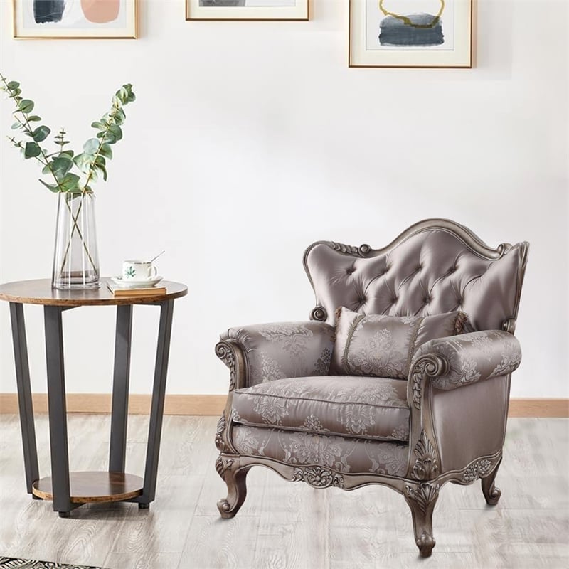 Pemberly Row Button Tufted Wingback Chair with Queen Anne Legs in Champagne Gold