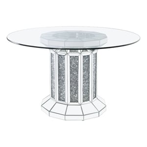 Pemberly Row Round Glass Top Dining Table with Cross Oval Base in Silver
