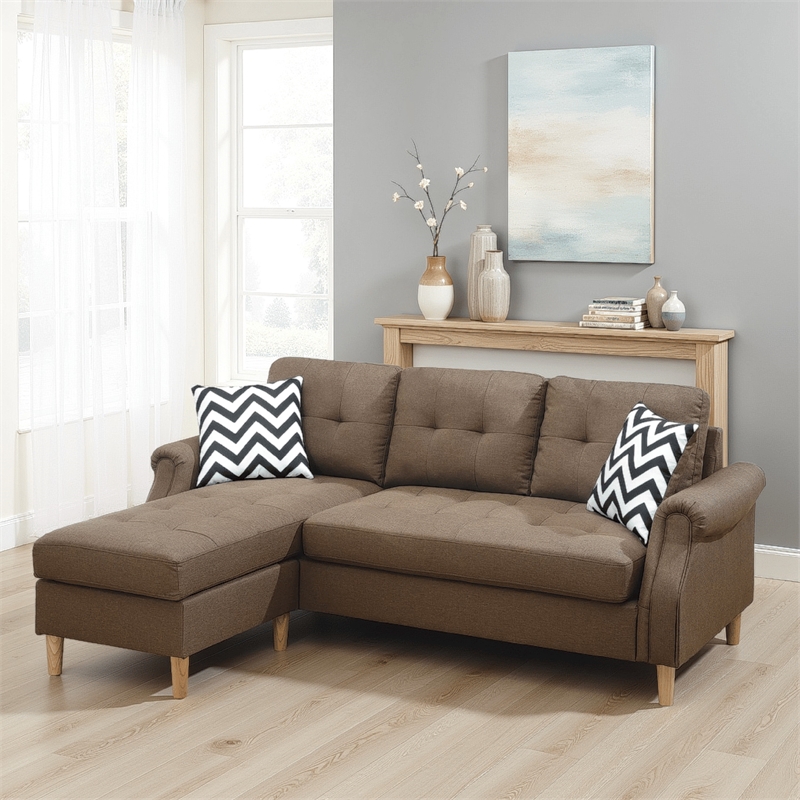 Pemberly Row 2 Piece Sectional Sofa with Rolled Arms and Tufting in Brown