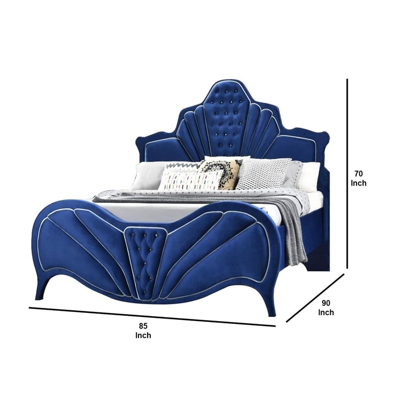Pemberly Row Velvet Channel Tufted Eastern King Bed with 13 Slats in Blue