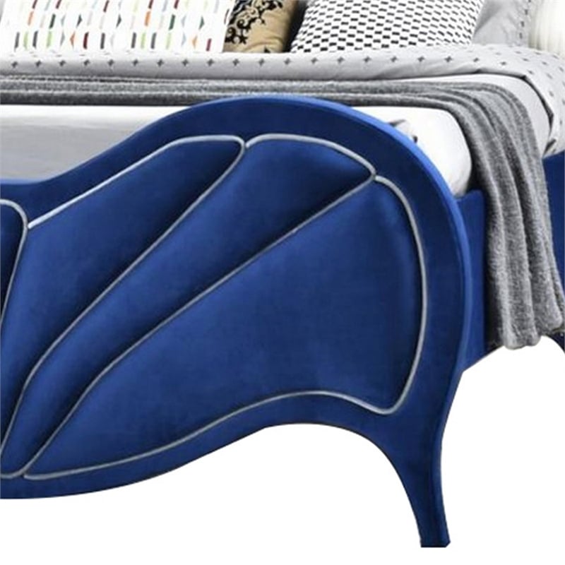 Pemberly Row Velvet Channel Tufted Queen Bed with Arched Headboard in Blue