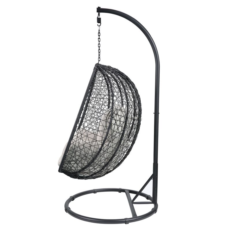 Pemberly Row Oval Wicker Patio Swing Chair w/ Adjustable Height in Black & Beige