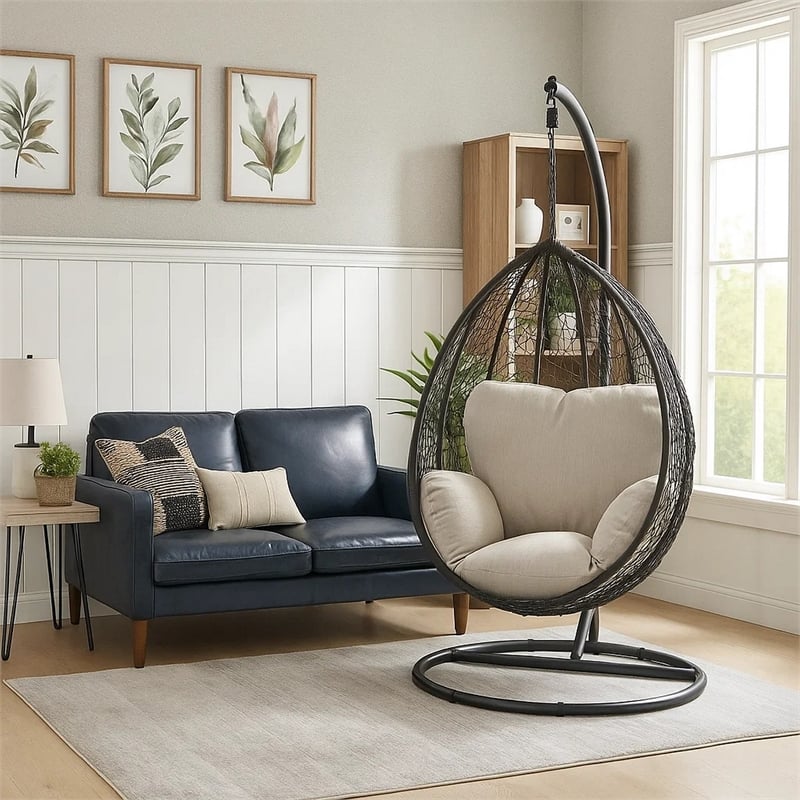 Pemberly Row Oval Wicker Patio Swing Chair w/ Adjustable Height in Black & Beige