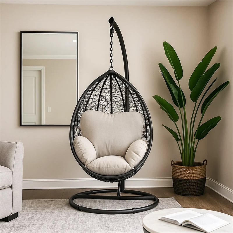 Pemberly Row Oval Wicker Patio Swing Chair w/ Adjustable Height in Black & Beige