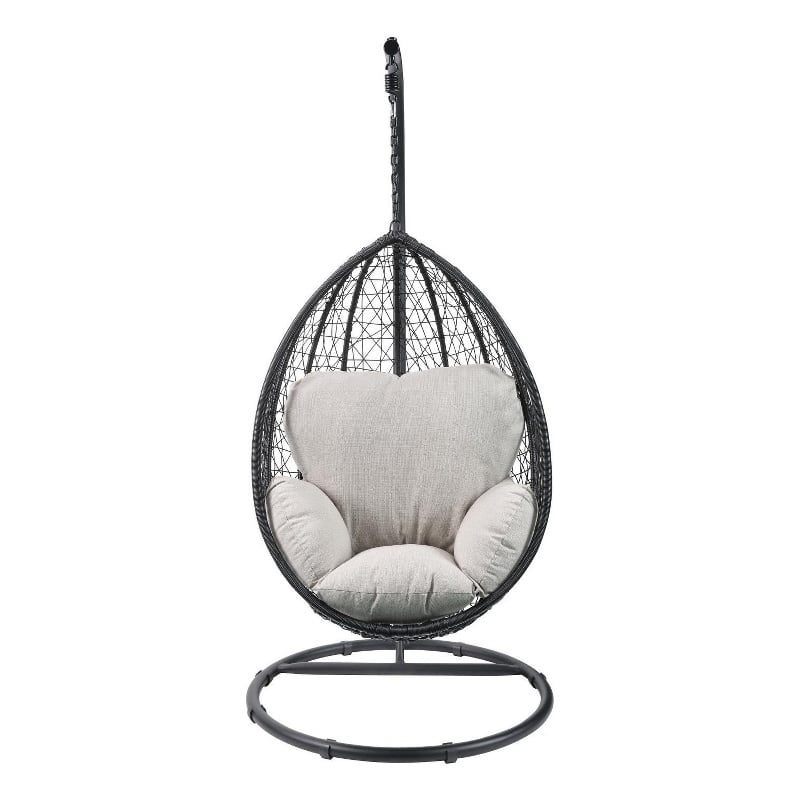 Pemberly Row Oval Wicker Patio Swing Chair w/ Adjustable Height in Black & Beige