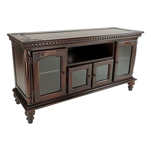 Pemberly Row Birchwood TV Stand with 4 Glass Doors and Floral Carvings in Brown