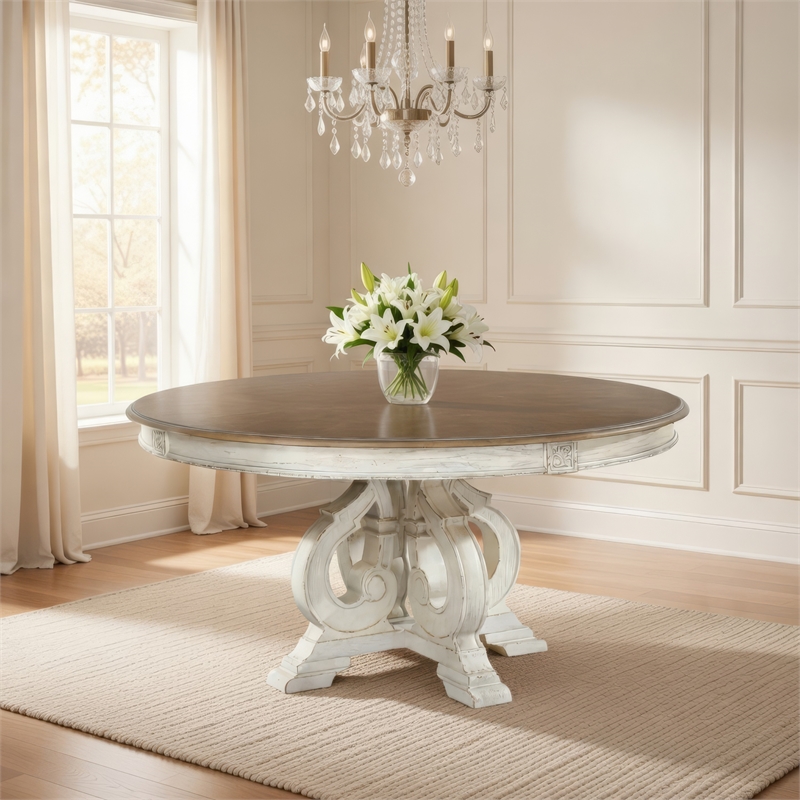 Pemberly Row 60 Inch Round Dining Table with Carved Pedestal Base in White