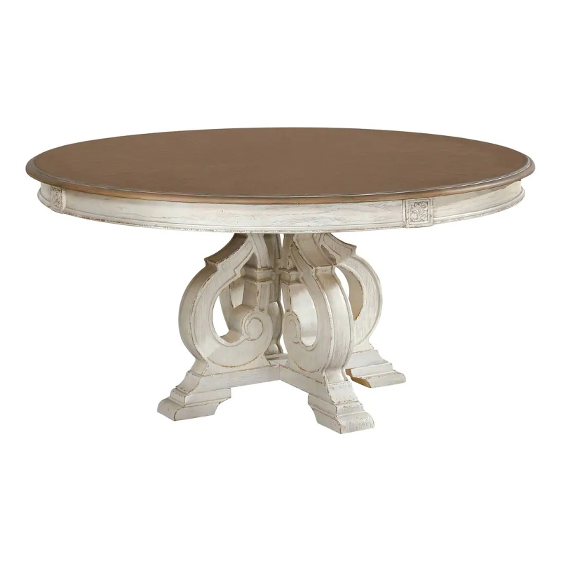 Pemberly Row 60 Inch Round Dining Table with Carved Pedestal Base in White