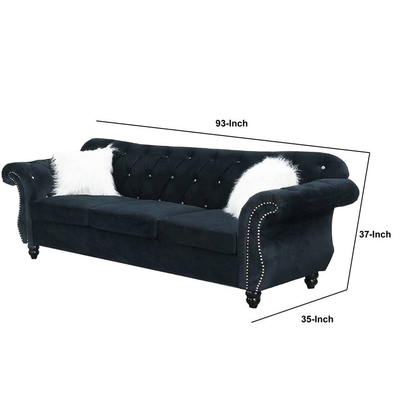 Pemberly Row 93 Inch Velvet Sofa with Crystal Tufting and Nailhead Trim in Black