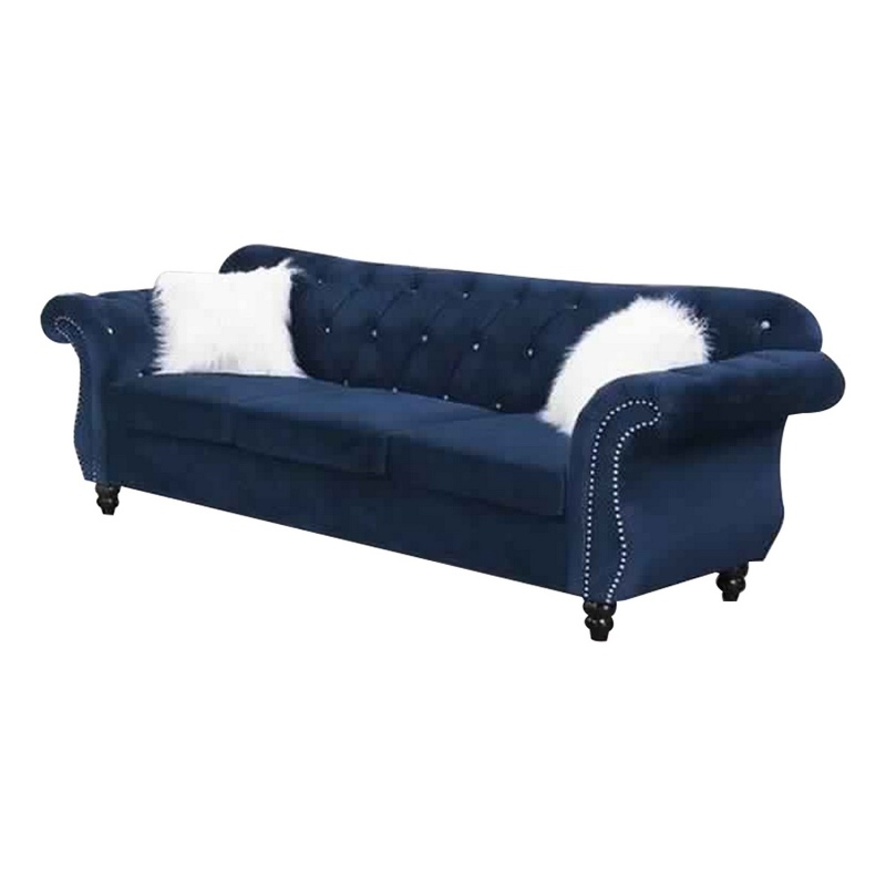Pemberly Row 93 Inch Velvet Sofa with Crystal Tufting and Nailhead Trim in Blue