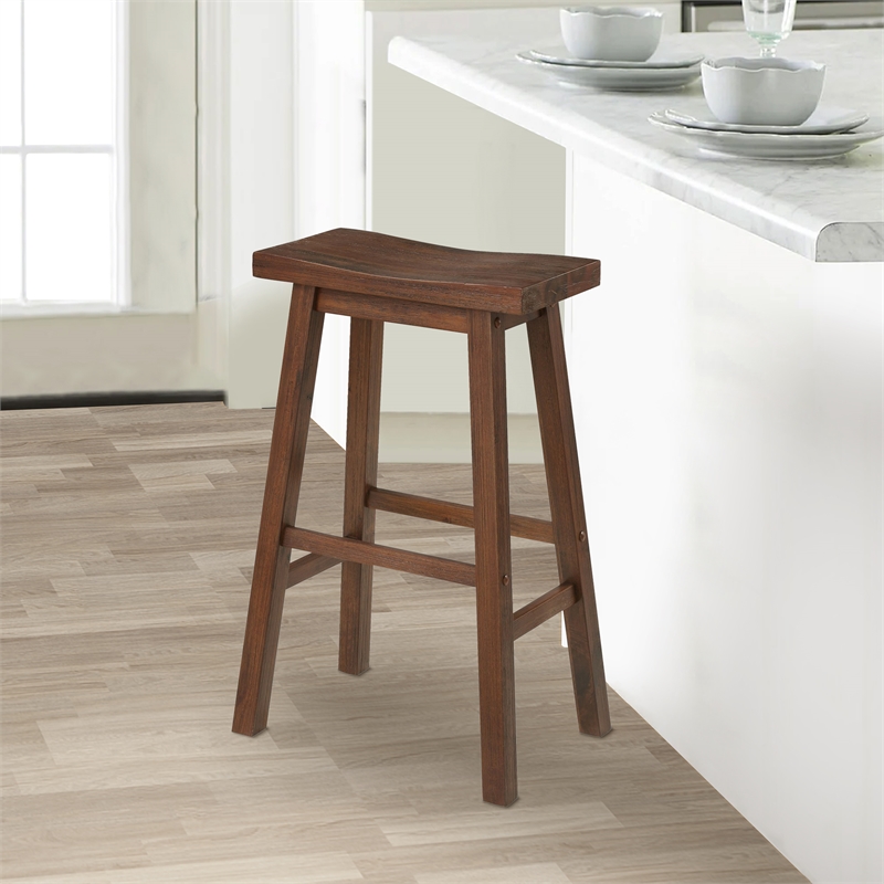 Pemberly Row Rubberwood Saddle Seat Barstool with Crossbar Support in Brown