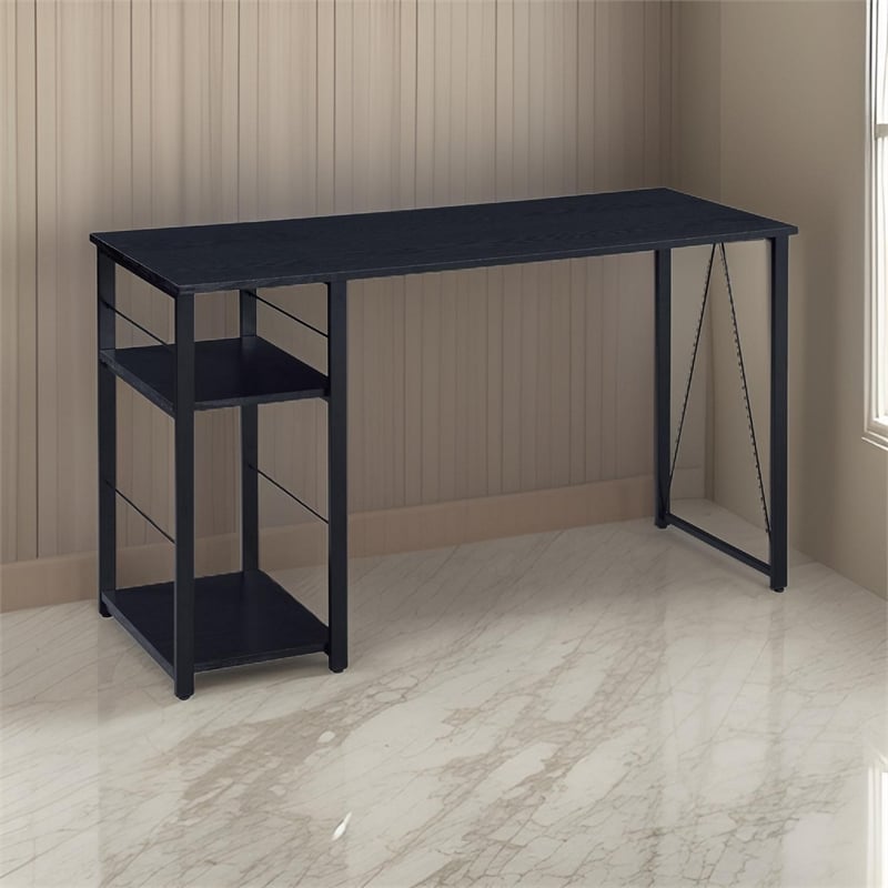 Pemberly Row Writing Desk with 2 Tier Shelves and Floor Protectors in Black