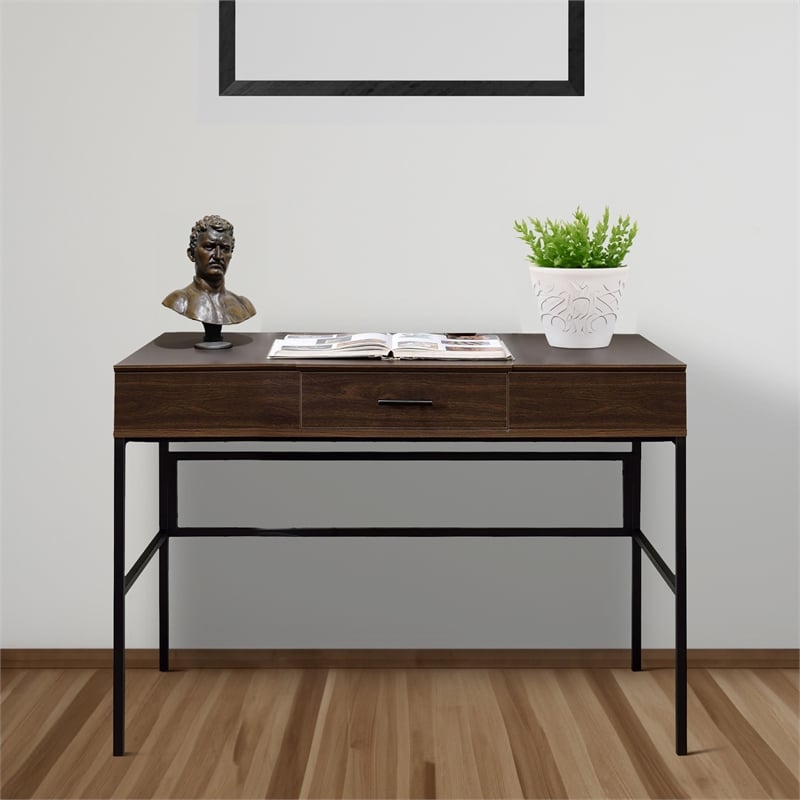 Pemberly Row Industrial Writing Desk with Lift Top and USB Port in Brown