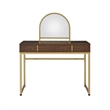 Pemberly Row Vanity Desk with Round Mirror and 2 Drawers in Brown and Gold