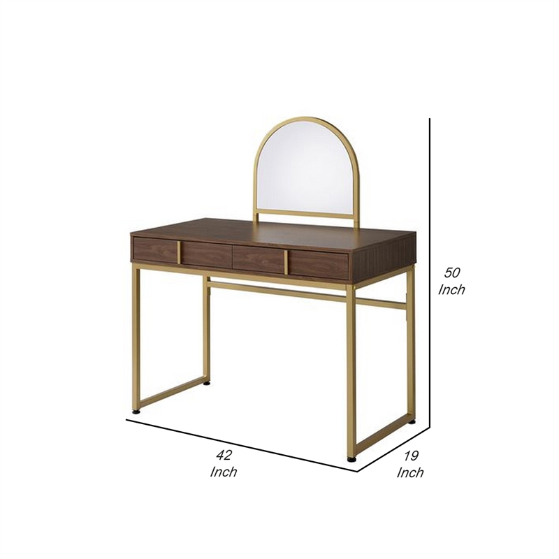 Pemberly Row Vanity Desk with Round Mirror and 2 Drawers in Brown and Gold