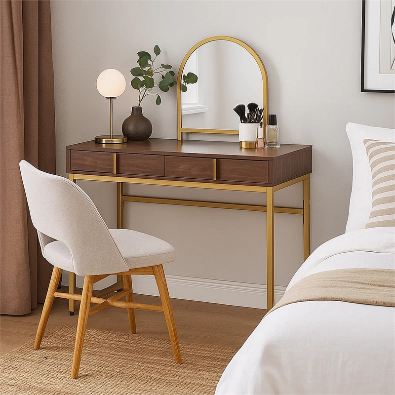 Pemberly Row Vanity Desk with Round Mirror and 2 Drawers in Brown and Gold
