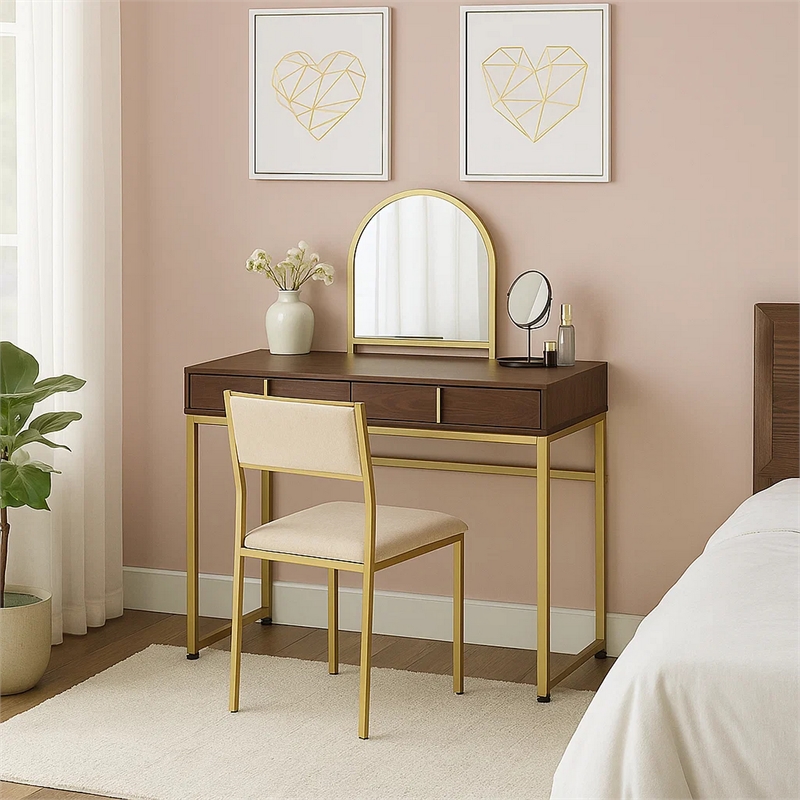 Pemberly Row Vanity Desk with Round Mirror and 2 Drawers in Brown and Gold
