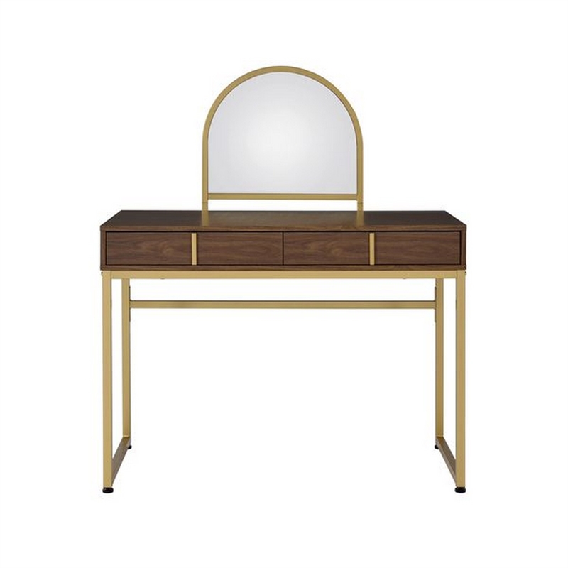 Pemberly Row Vanity Desk with Round Mirror and 2 Drawers in Brown and Gold