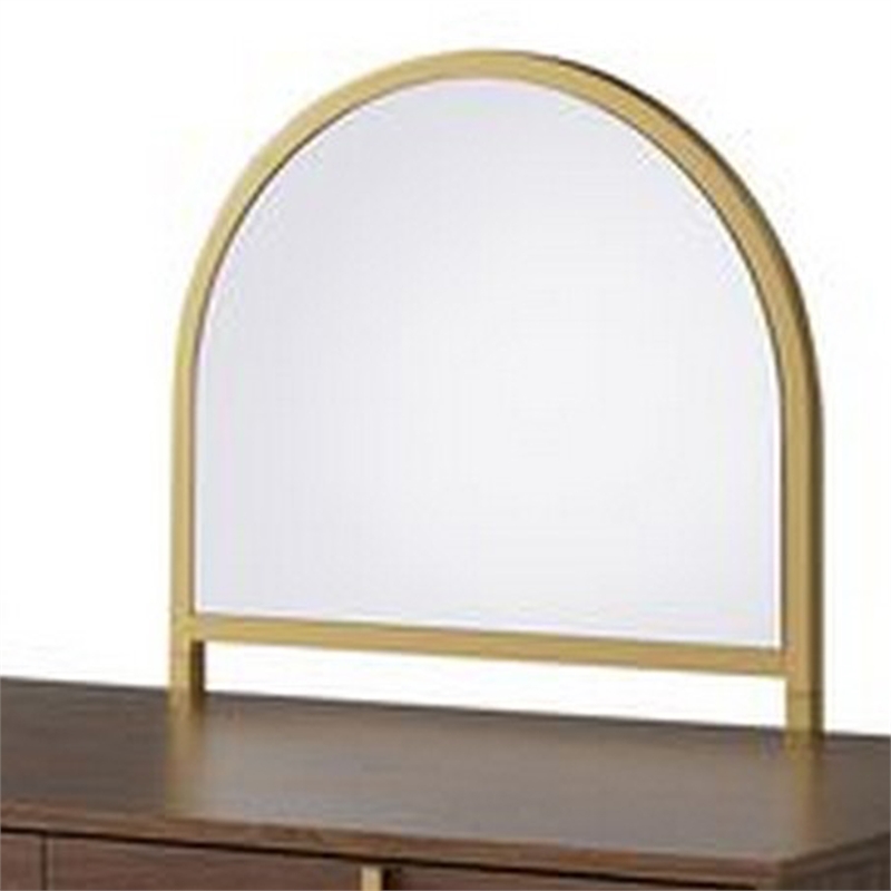 Pemberly Row Vanity Desk with Round Mirror and 2 Drawers in Brown and Gold