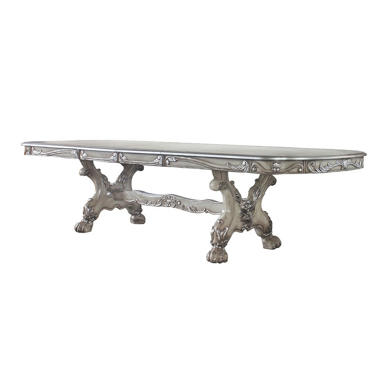 Pemberly Row Obround Dining Table with 2 Leaves and Double Pedestal in Silver