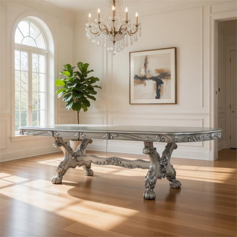 Pemberly Row Obround Dining Table with 2 Leaves and Double Pedestal in Silver