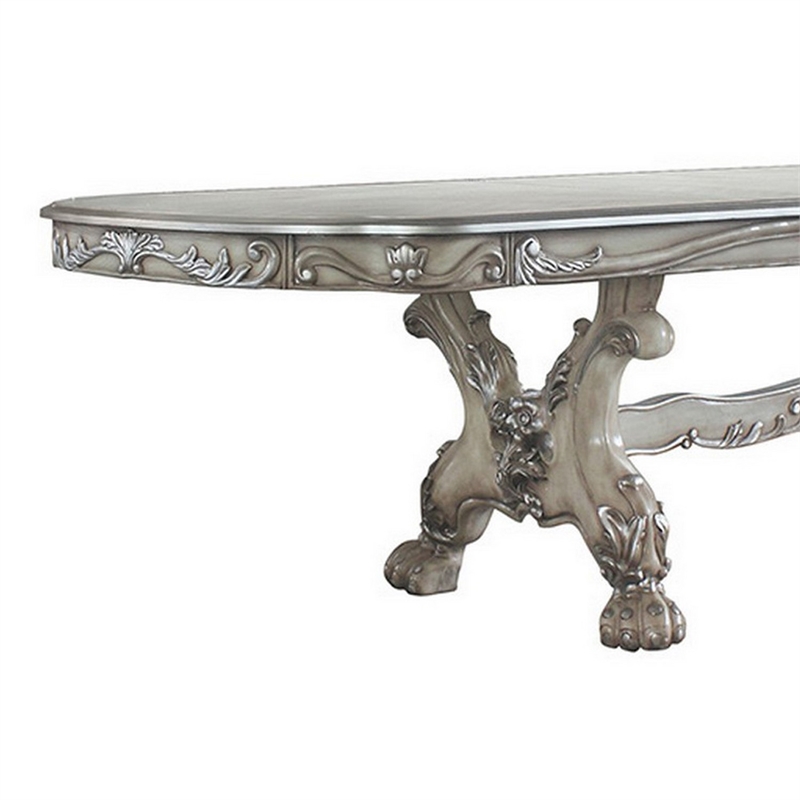 Pemberly Row Obround Dining Table with 2 Leaves and Double Pedestal in Silver