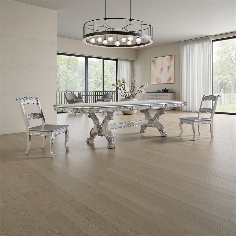 Pemberly Row Obround Dining Table with 2 Leaves and Double Pedestal in Silver