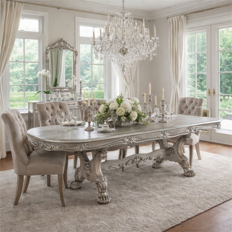 Pemberly Row Obround Dining Table with 2 Leaves and Double Pedestal in Silver