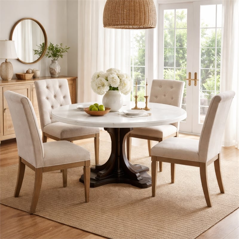 Pemberly Row Round Marble Top Dining Table with Pedestal Base in White and Brown