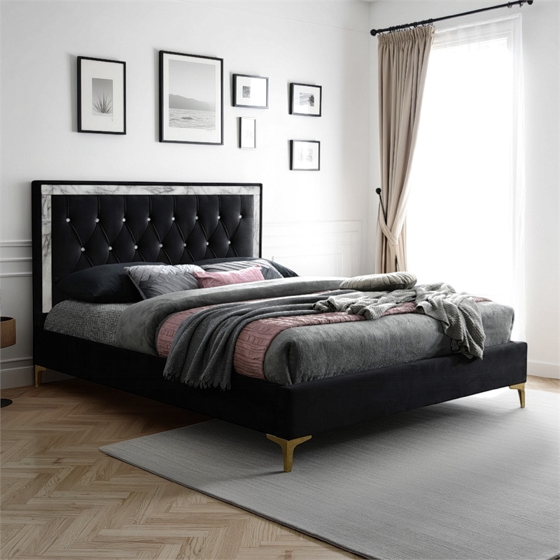 Pemberly Row Eastern King Bed w/ Diamond Tufted Headboard & Metal Legs in Black