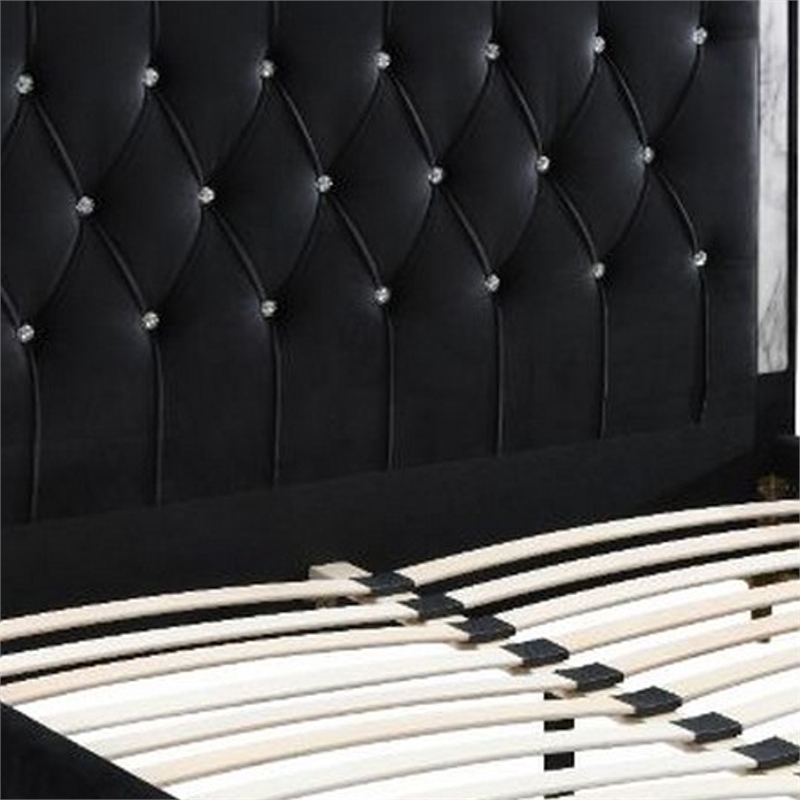 Pemberly Row Eastern King Bed w/ Diamond Tufted Headboard & Metal Legs in Black