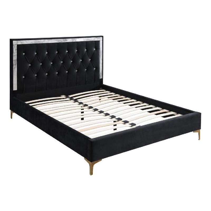 Pemberly Row Eastern King Bed w/ Diamond Tufted Headboard & Metal Legs in Black