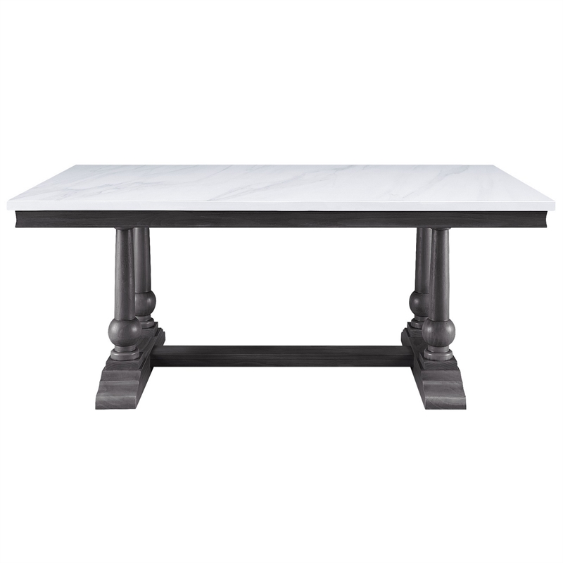 Pemberly Row Faux Marble Dining Table with Turned Legs and Trestle Base in White