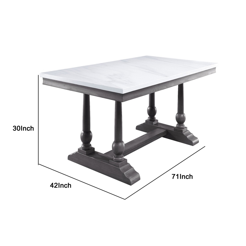 Pemberly Row Faux Marble Dining Table with Turned Legs and Trestle Base in White