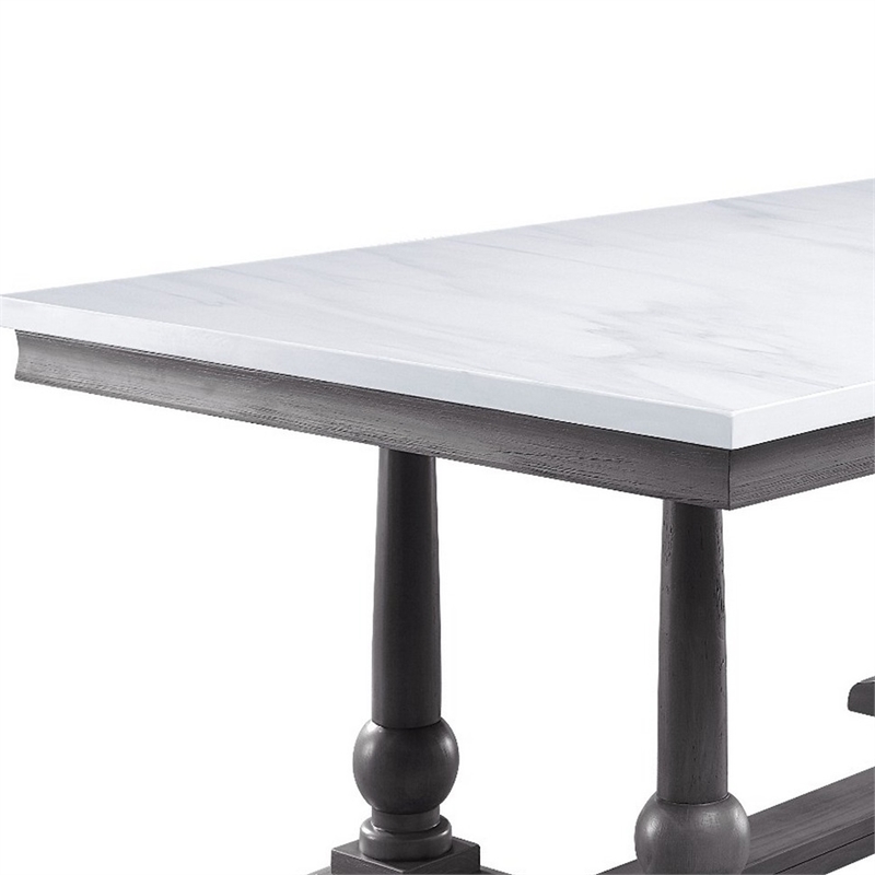 Pemberly Row Faux Marble Dining Table with Turned Legs and Trestle Base in White