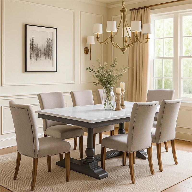 Pemberly Row Faux Marble Dining Table with Turned Legs and Trestle Base in White