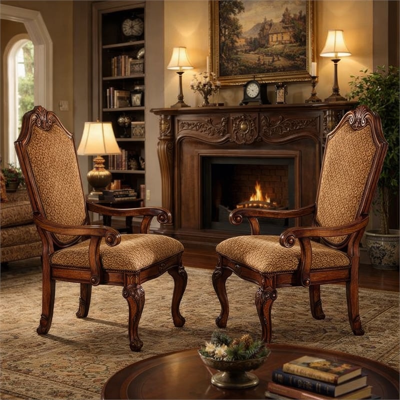 Pemberly Row Arm Chair Set of 2 with Diamond Pattern and Crown Top in Brown